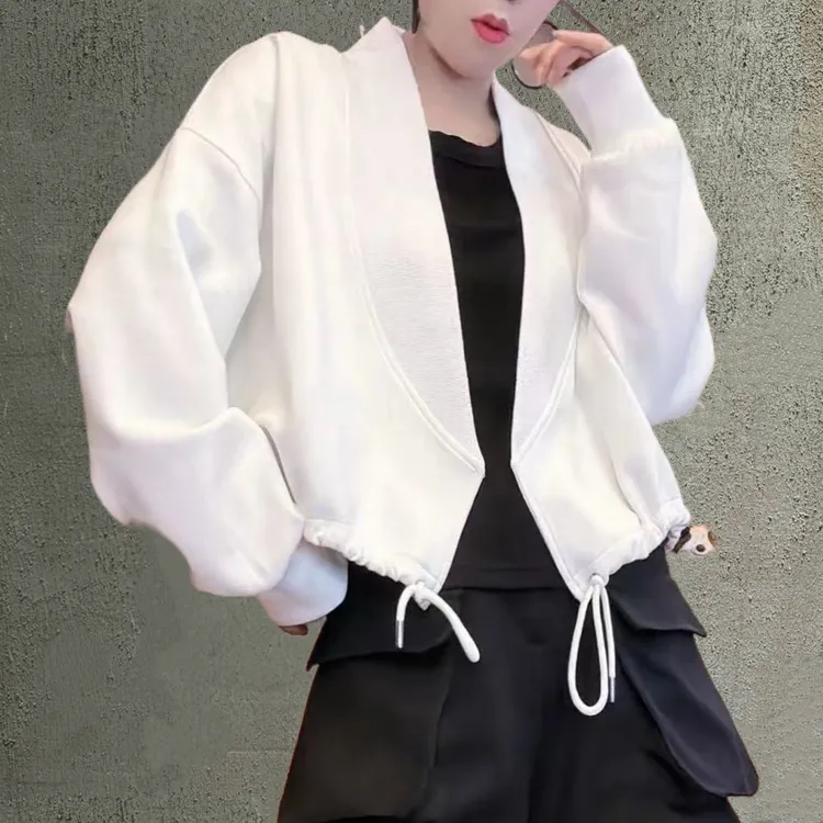 秋季新款纯色无扣开衫上衣2025慵懒抽绳宽松百搭短款休闲外套