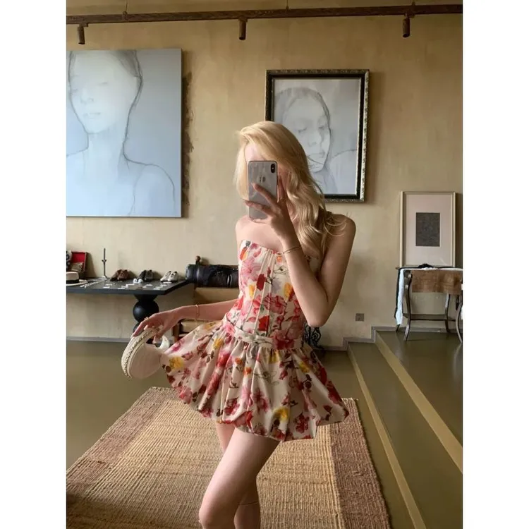 潮牌款花神芙罗拉法式鱼骨抹胸半裙套装女夏2025新款辣妹两件套