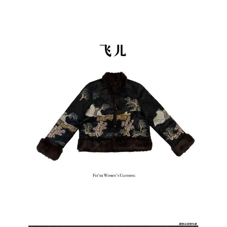 飞儿【墨底山水】2025早秋新款双面穿皮草獭兔毛外套