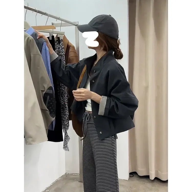 高级感韩系慵懒风立领工装外套女小个子2025秋季新款休闲短款夹克