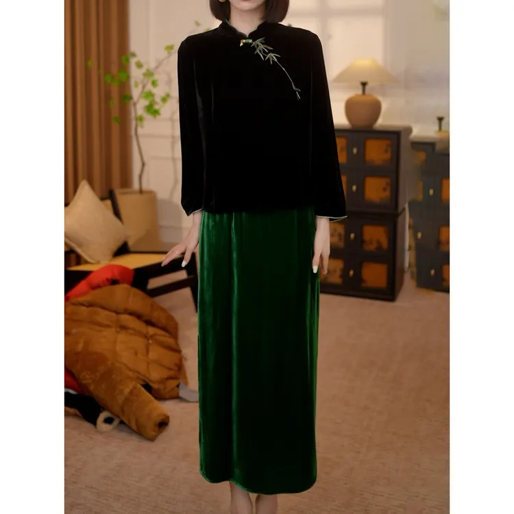 新中式国风竹叶绣花丝绒旗袍套装裙女2025秋季新款小上衣+半身裙