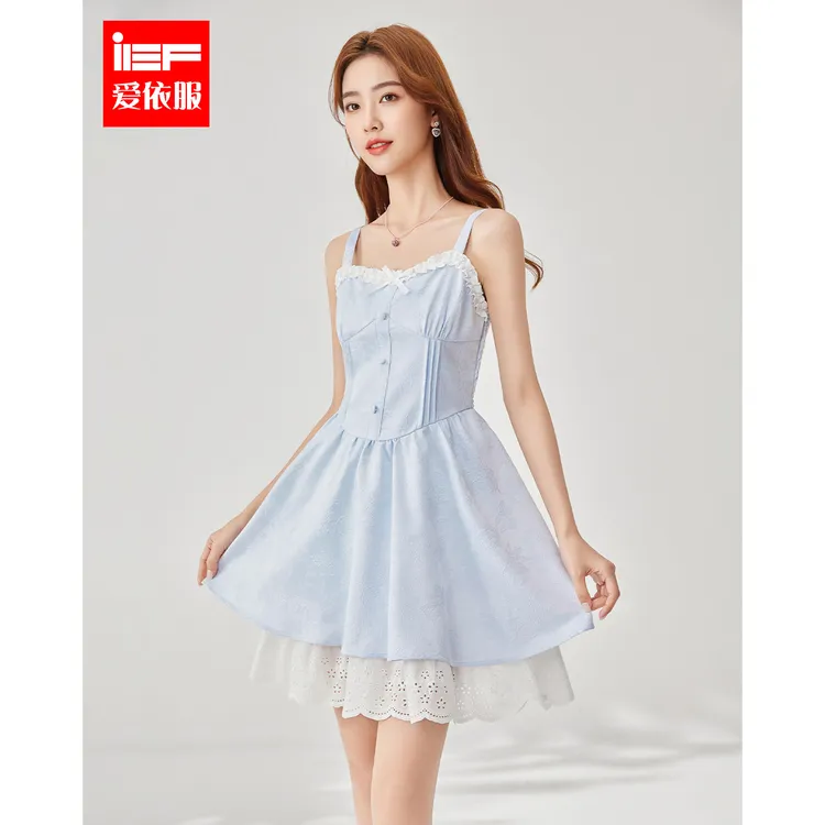 IEF/爱依服2025夏季新款蓝色蕾丝甜美吊带连衣裙清纯系夏日度假裙