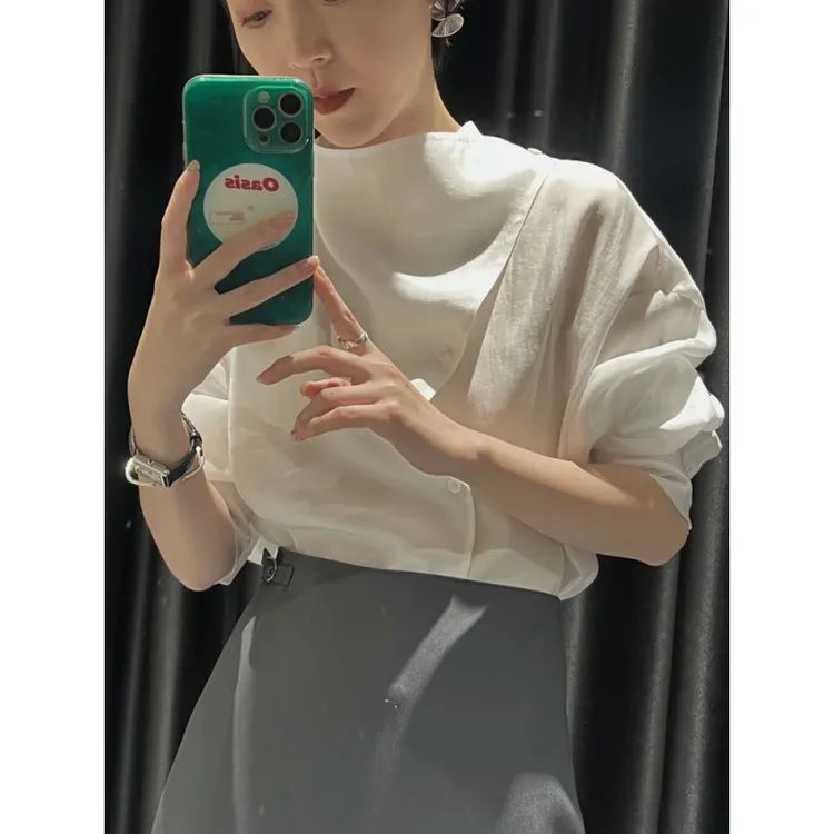 职场通勤穿搭白衬衣女款夏2025新款不规则防晒衬衫薄款轻奢高级感