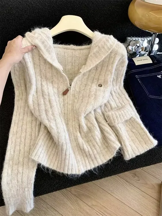 自留款推荐~韩版连帽拉链针织开衫女秋冬新款慵懒风百搭软糯毛衣