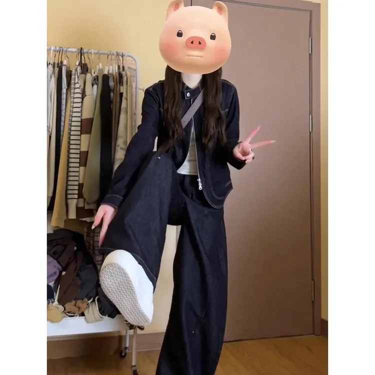 秋季穿搭一整套高级感韩系大码胖mm牛仔外套阔腿裤时尚减龄套装女