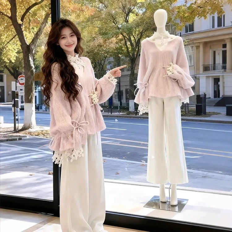 秋冬穿搭一整套高级感蕾丝上衣套装女洋气减龄显瘦粉色针织两件套