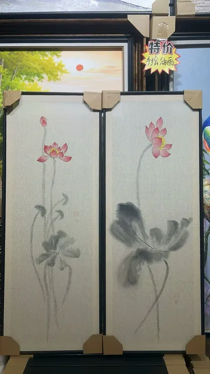 （墨韵荷风四联图）新中式手绘油画客厅挂画书房餐厅茶室禅意玄关画