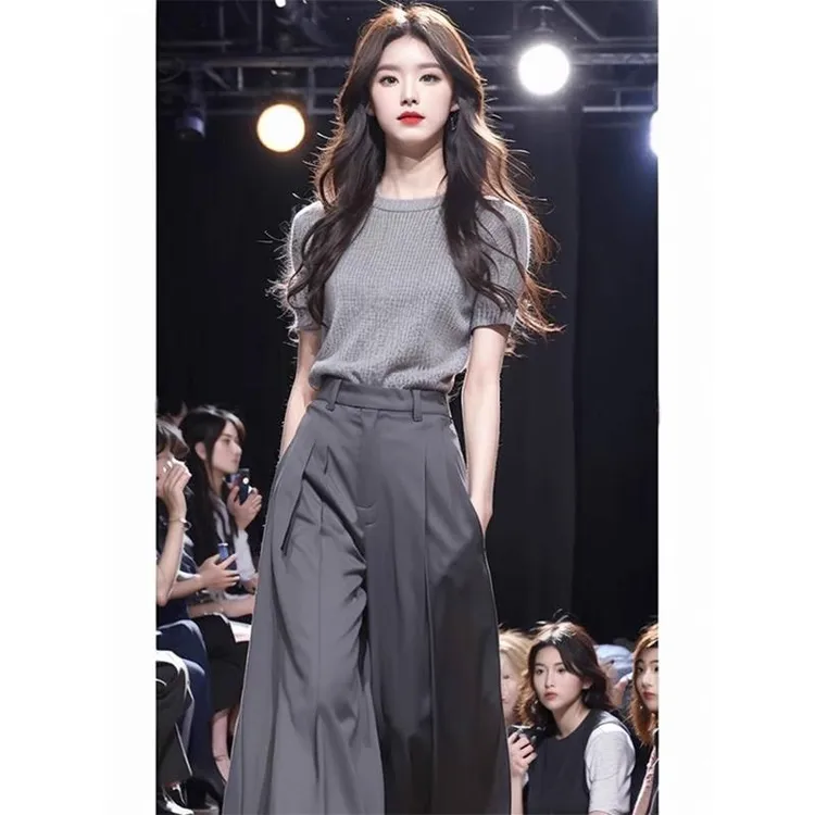 冷淡系高级感酷飒拽姐穿搭小众不撞款灰色针织短袖西装阔腿裤套装