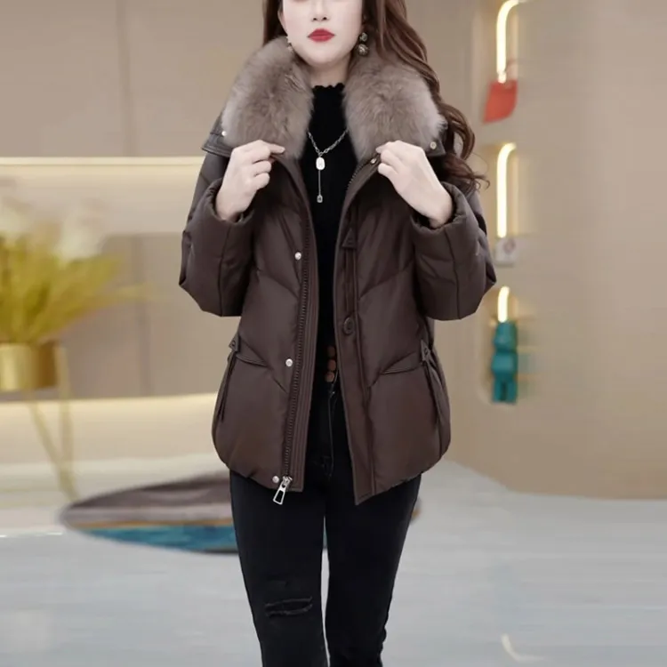 PU皮毛领加厚外套女士2024冬季新款时尚高贵气质白鸭绒保暖羽绒服