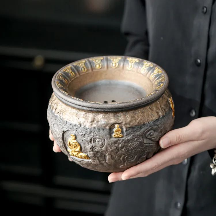 物姿老岩泥敦煌茶洗手作复古粗陶茶盂水盂笔洗茶渣缸建水茶道零配