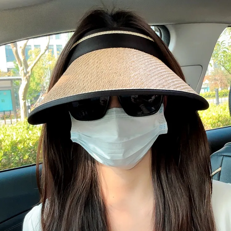 空顶uv防晒帽女夏防紫外线大帽檐户外沙滩遮阳草帽骑车遮脸太阳帽