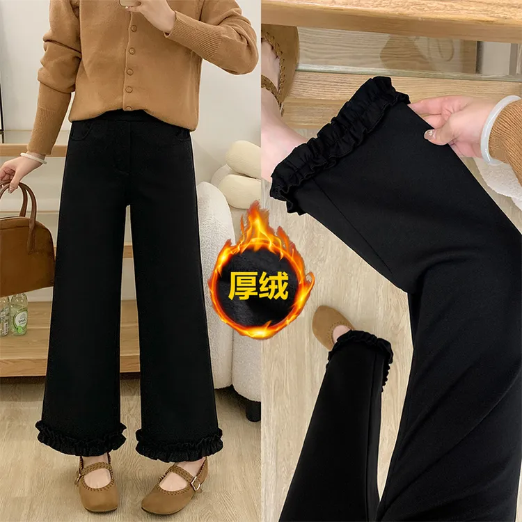 显瘦保暖~秋冬款万向弹加绒加厚休闲裤女设计感木耳边直筒小黑裤