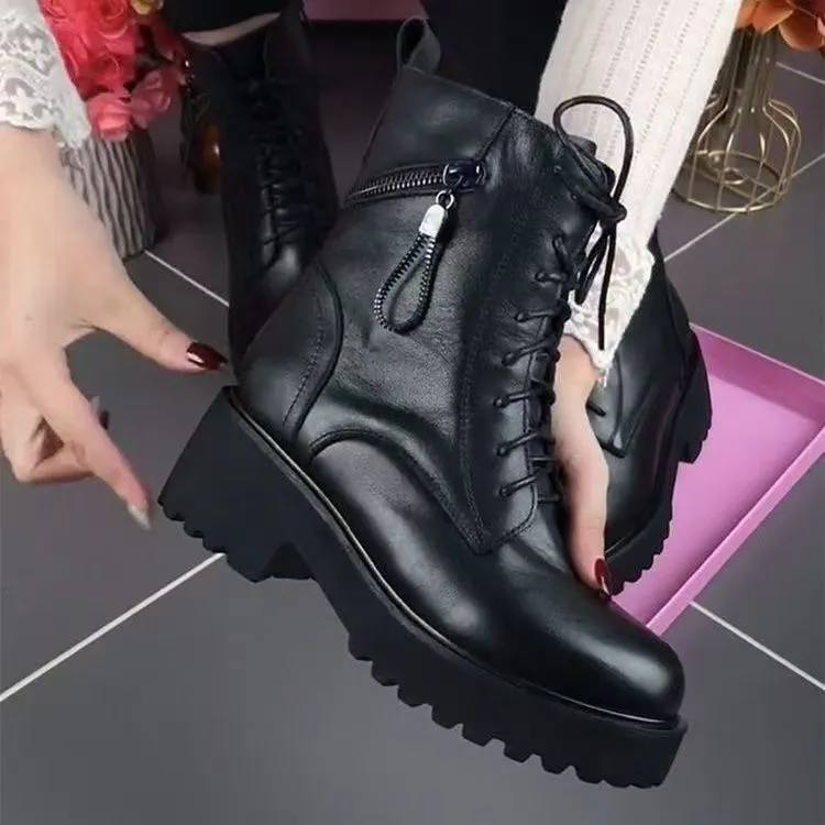 （反季清库存）2025年秋冬季新款短靴厚底单靴粗跟中跟防滑妈妈皮鞋