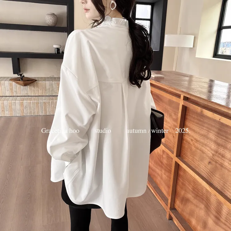 冬简约韩系立领木耳花边廓形衬衫女