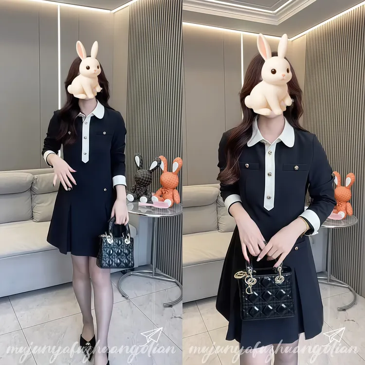 出片约会穿搭黑色拼接翻领连衣裙法式轻奢小众不撞款收腰显瘦短裙
