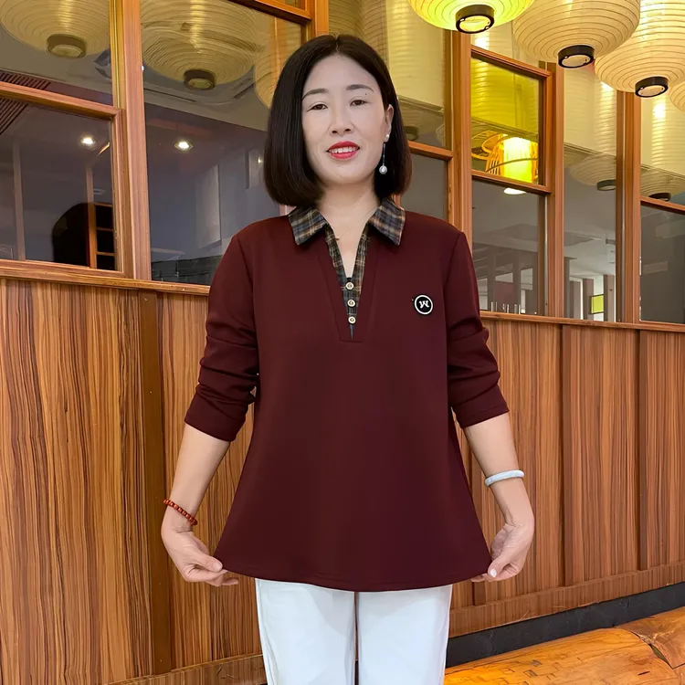 秋季新款洋气假两件格子拼接大码显瘦翻领长袖上衣