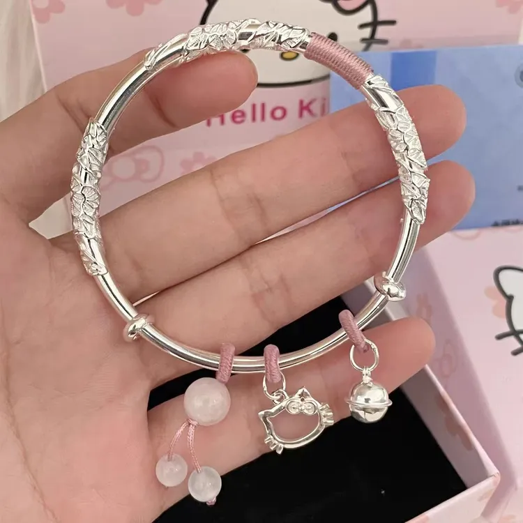 足银999纯银手镯繁花似锦kitty猫实心送女友七夕生日礼物