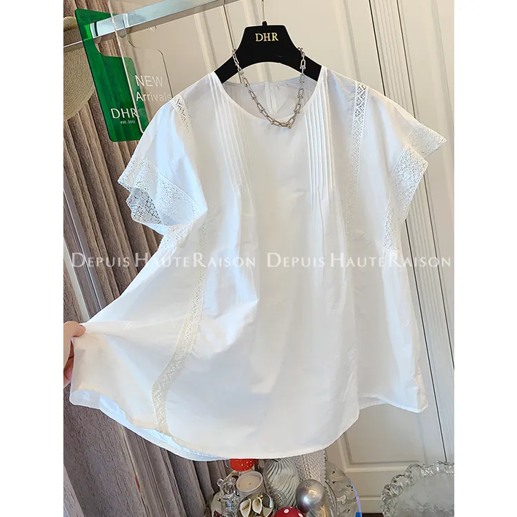 大码240斤独特超好看气质蕾丝褶皱短袖娃娃衬衫女夏胖MM宽松上衣