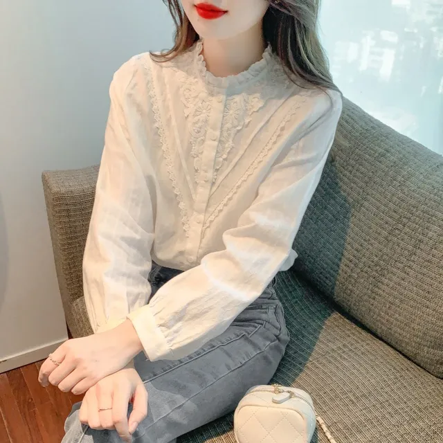 立领蕾丝边拼接棉布法式小衫上衣女2025春秋新款洋气百搭衬衫打底