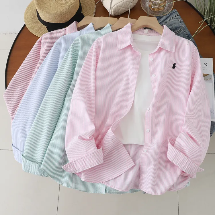 牛津纺小个子款衬衫常规长袖条纹衬衫时尚女装（单件衬衫）