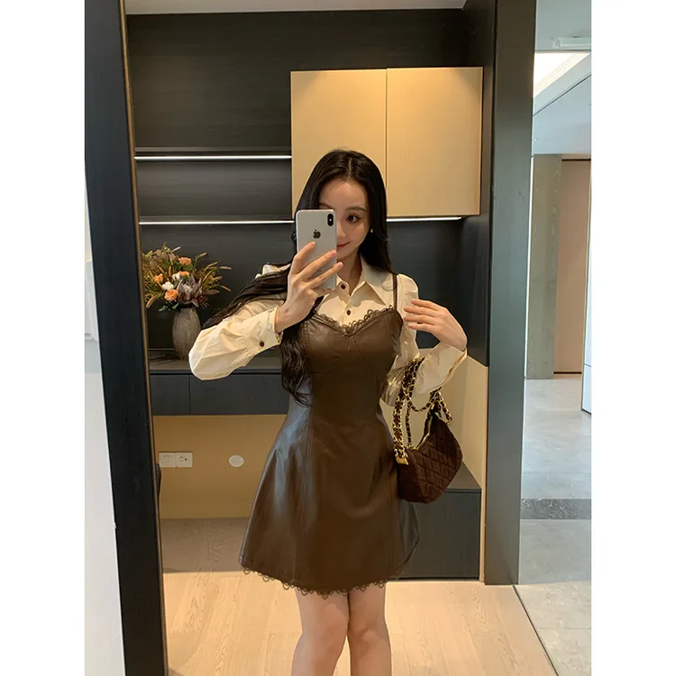 XINYI【松茶可可】秋季天丝衬衫+蕾丝边PU皮连衣裙套装X625A13050