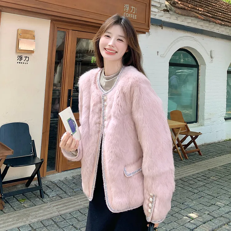 轻奢名媛小香风毛毛仿皮草90白鸭绒羽绒服外套女冬新款毛茸茸上衣