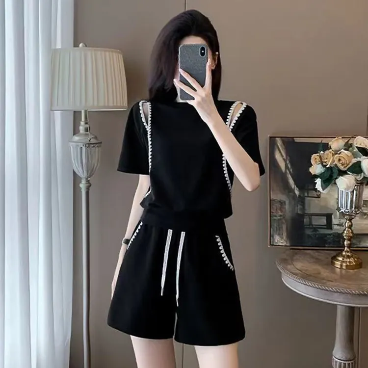 200斤微胖mm休闲套装女士大码显瘦遮肉洋气短袖短裤运动服两件套