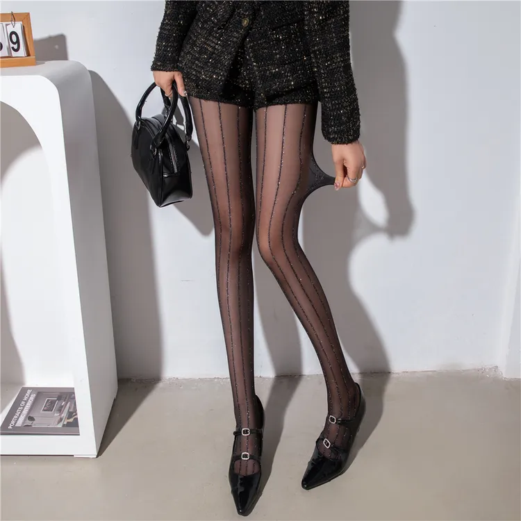 时尚竖条银丝连裤袜女黑丝袜秋冬薄款打底袜子性感美腿显瘦打底裤