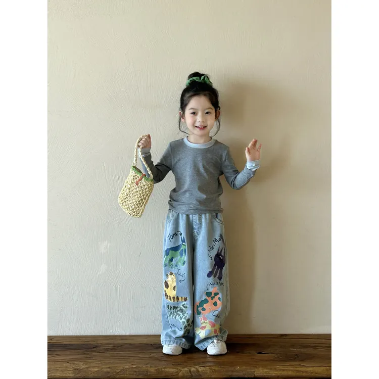 女童2025早秋打底套装假两件T恤衫涂鸦牛仔裤中小童韩版两件套