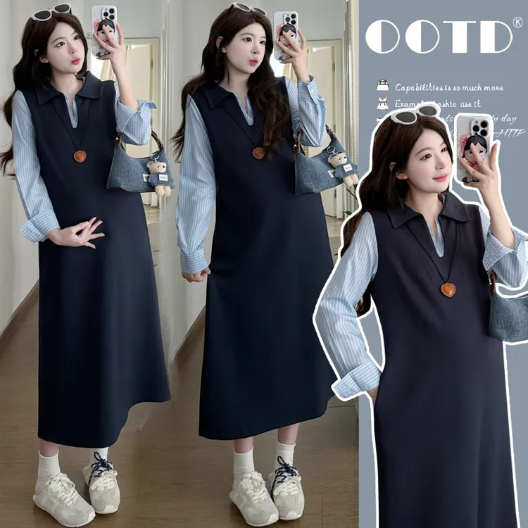 时髦孕妇装新裙子春秋显瘦气质洋气针织时尚中长款减龄衬衣卫衣裙