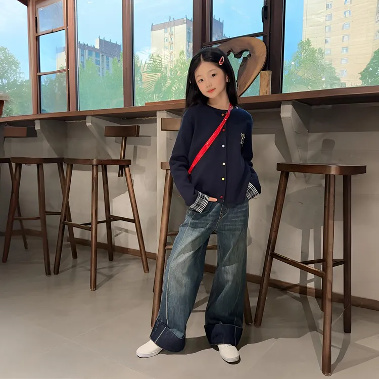 女童针织毛衣开衫套装春秋2025新款儿童休闲套装秋季牛仔裤两件套