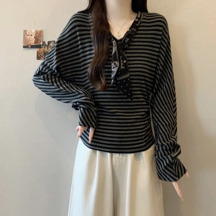 大码女装韩版遮肚子条纹长袖打底衫女春秋胖妹妹修身显瘦T恤上衣