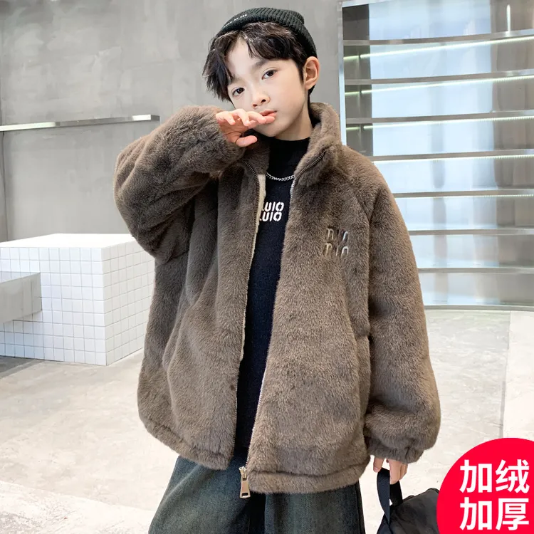 男童加绒加厚外套毛毛衣秋冬季8-15岁中大童洋气韩版儿童冬装棉衣
