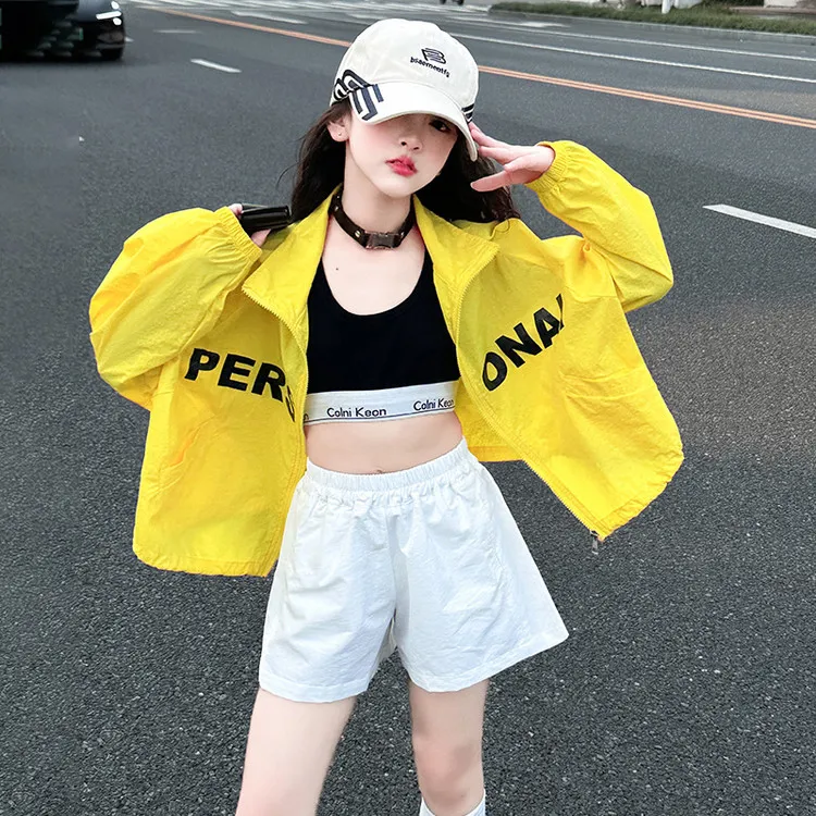 儿童美式短款立领印花透气薄款防晒服女童夏季时尚外套短裤两件套