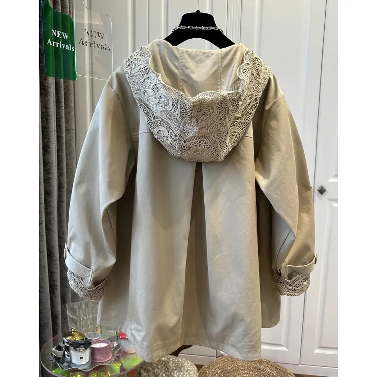巴恩风蕾丝连帽中长款风衣女外套宽松时尚设计感上衣2025春季新款
