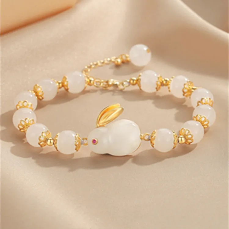 和田玉手链女时尚本命年s925银玉兔子手串手饰品节日礼物