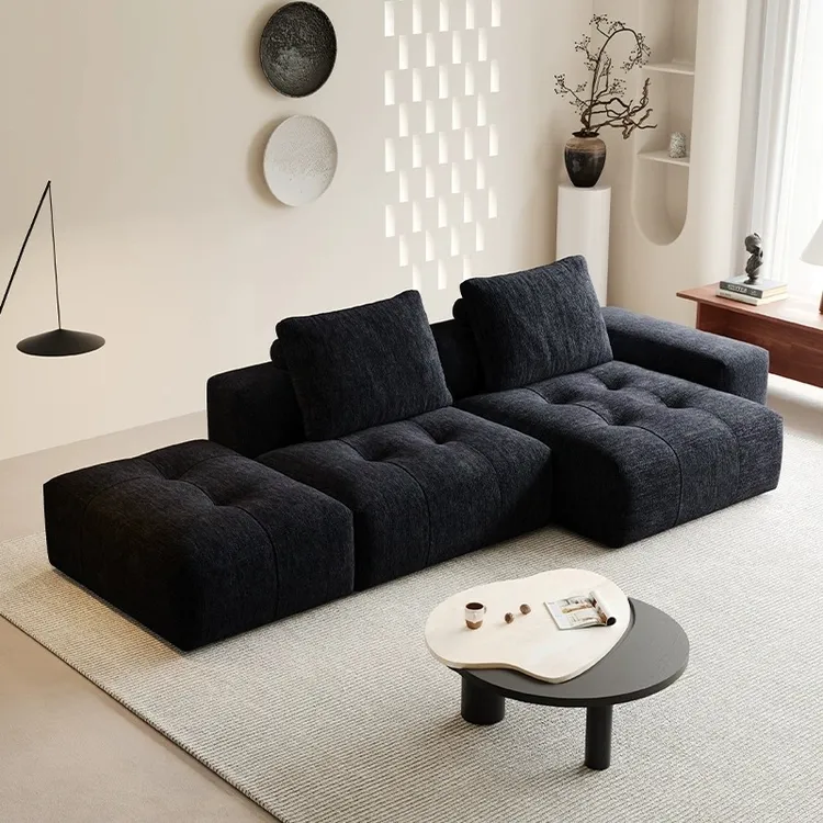 雪尼尔像素沙发黑色中古风豆腐块单扶手转角简约客厅棉麻布艺沙发