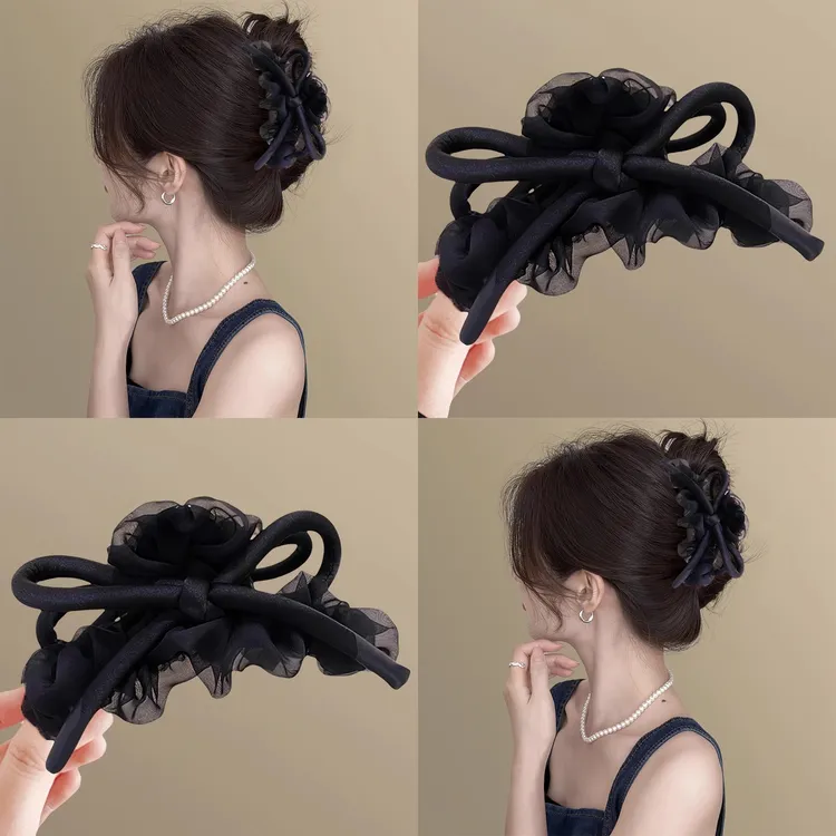 法式优雅韩系泡泡纱黑色蝴蝶结抓夹女款百搭气质鲨鱼夹发饰盘发器
