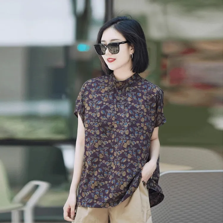 新中式立领单排扣衬衫女夏季显瘦设计感碎花短袖t恤气质减龄上衣