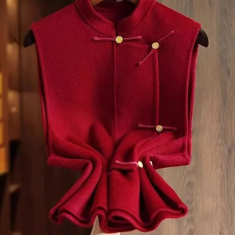 改良新中式国风新年招财红马甲金币如意扣拜年服毛呢外套