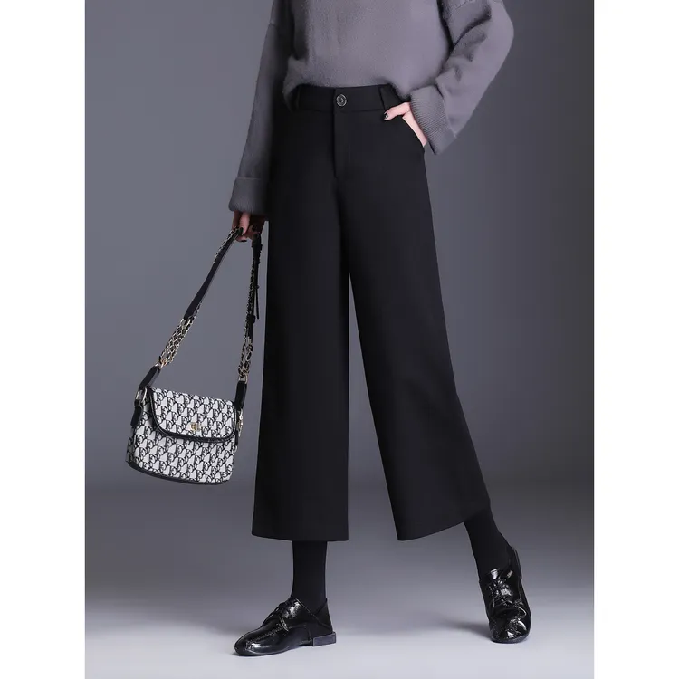 秋冬休闲裤女士加厚九分裤女装显瘦毛呢阔腿裤