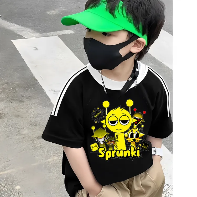 Sprunki节奏盒子音乐游戏纯棉短袖三条杠男童宝宝儿童服装上衣