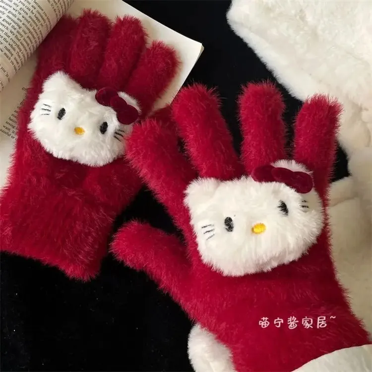 可爱捏~新款红色Kitty毛茸茸手套小众秋冬季复古毛绒保暖手套防冻