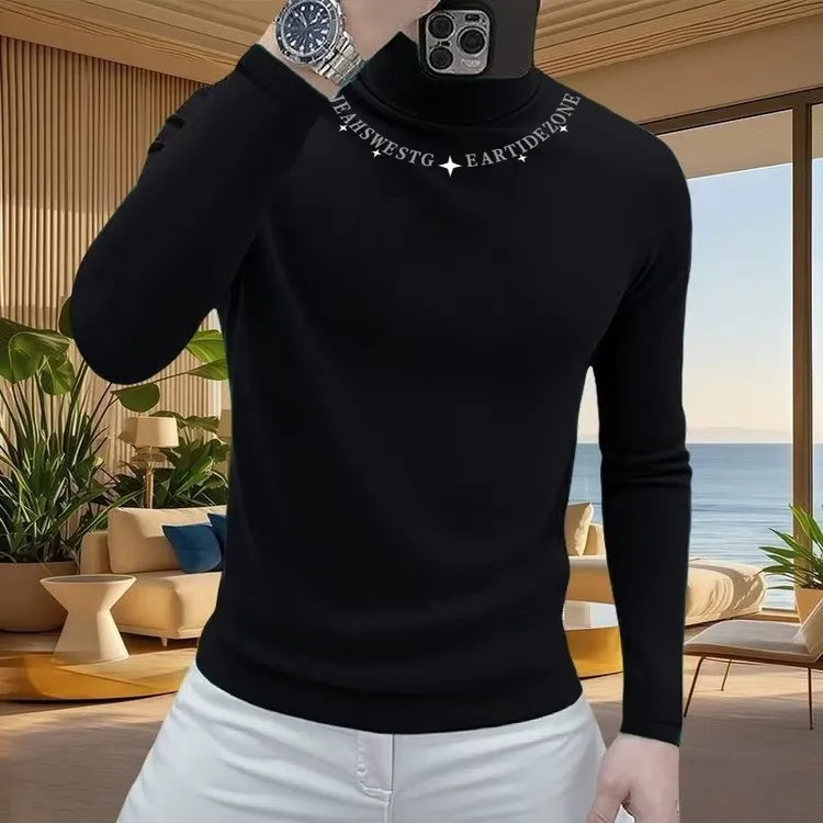 双面德绒德绒半高领印花长袖男秋冬新款T恤韩版修身打底保暖上衣
