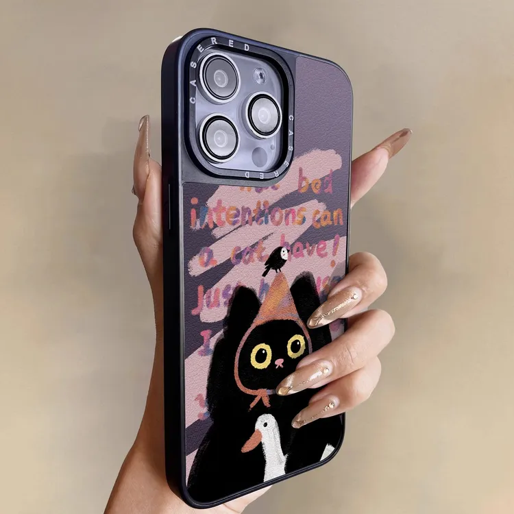 黑猫抱鸭适用于华为pura80手机壳p70新款p60皮纹外壳p50防摔创意