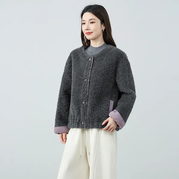 燕苹新冬款休闲百搭保暖厚款U型领仿羊羔毛皮毛一体厚外套AMA2159