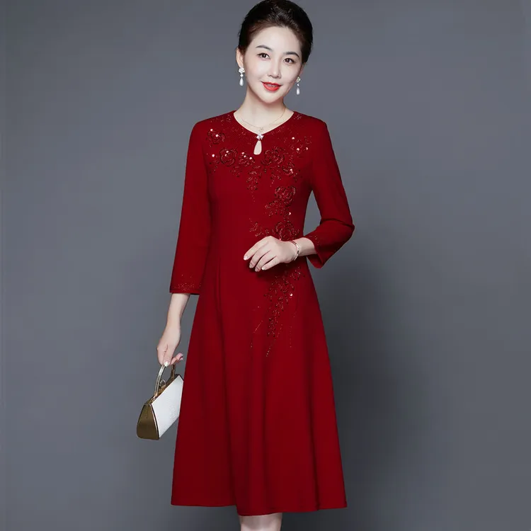 春秋女结婚妈妈装高档纯色弹力婚宴礼服喜婆婆喜服婚礼旗袍连衣裙