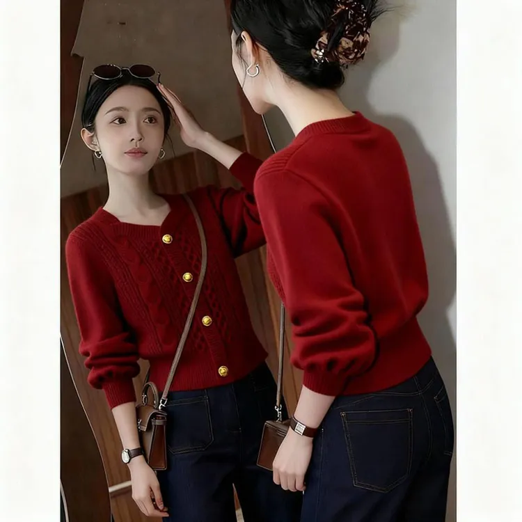 复古红色套头麻花针织衫女秋冬季爆款减龄气质圣诞跨年单排扣毛衣