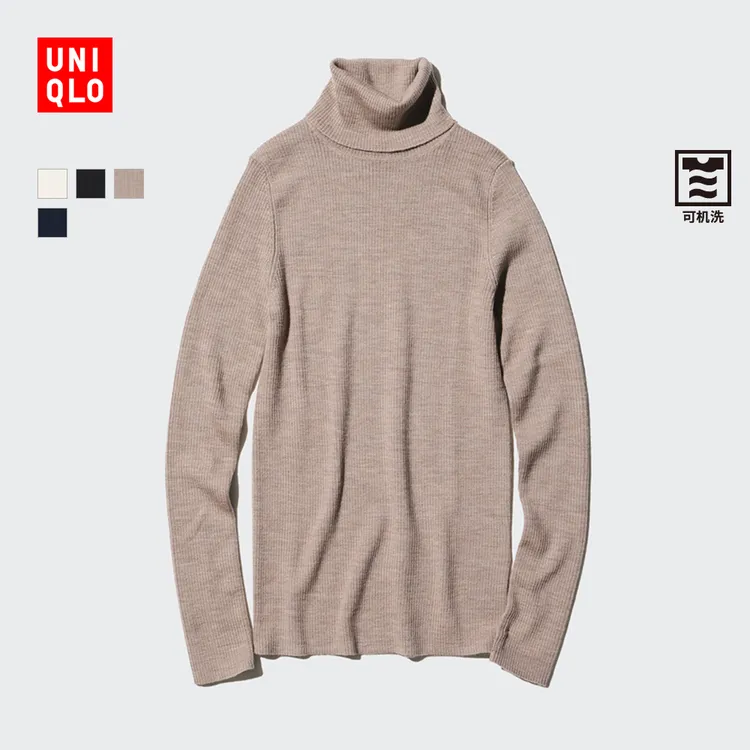 优衣库女装精纺美利奴羊毛罗纹两翻领针织衫长袖469426