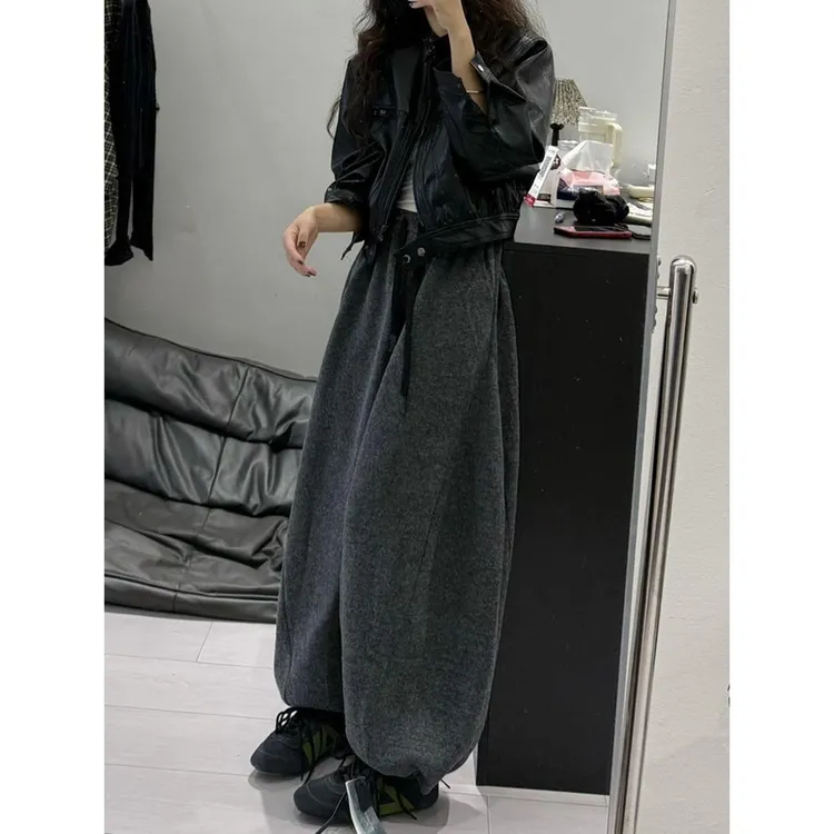 大码阔腿休闲运动裤子女春秋季梨形身材宽松显瘦慵懒感束脚卫裤